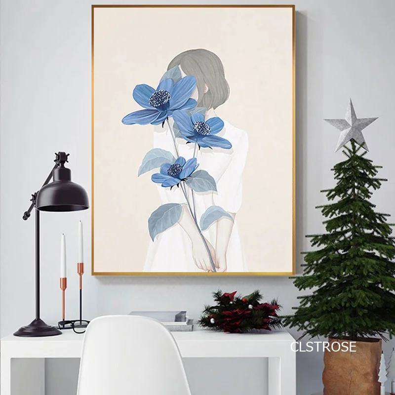 

Modern Style Murals Beautiful Blue Flower Girl Frameles Poster Home Residential Bedroom Decoration Living Room Canvas Painting