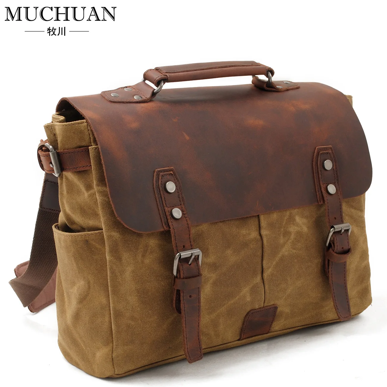 Retro oil wax canvas with crazy horse leather briefcase, European and American men's bag, retro One Shoulder Messenger Bag