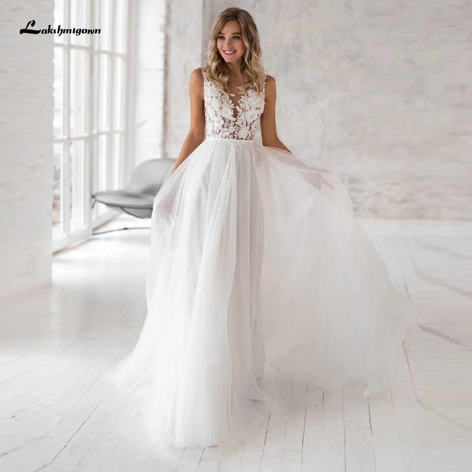 

Lakshmigown Vestido Boho свадебное белое Тюлевое свадебное платье трапециевидной формы 2020 цветочный кружевной лиф пляжные свадебные платья без рукав...