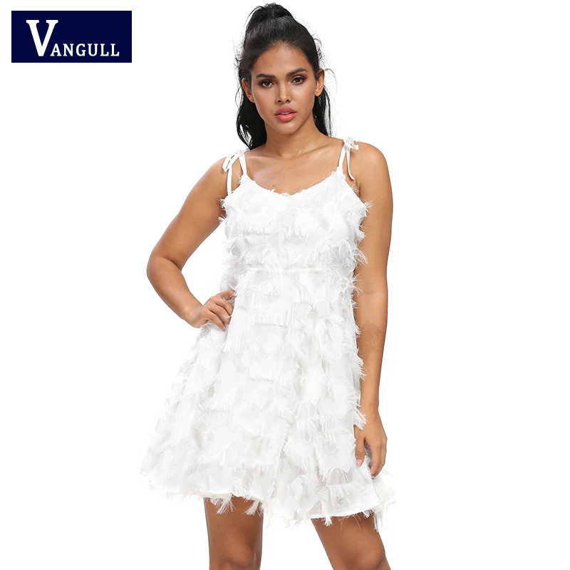 

Женское мини-платье с кисточками Vangull, белое платье трапециевидной формы с высокой талией и регулируемым v-образным вырезом для праздников ...