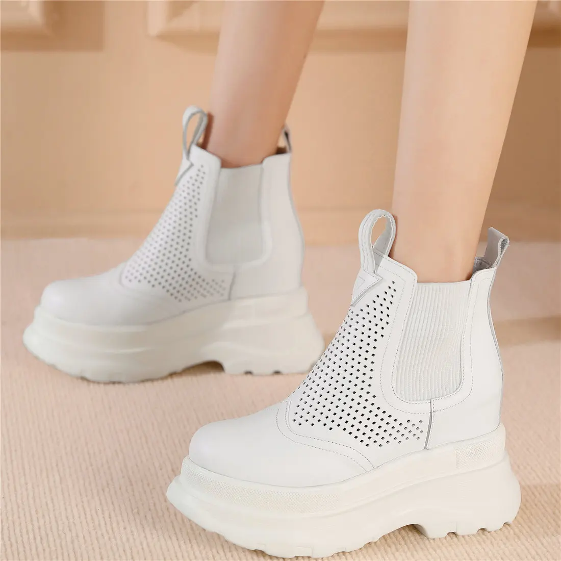 Breathable Fashion Sneakers Women Slip On Genuine Leather High Heel Ankle Boots Female Chunky Platform Pumps Shoes Casual Shoes