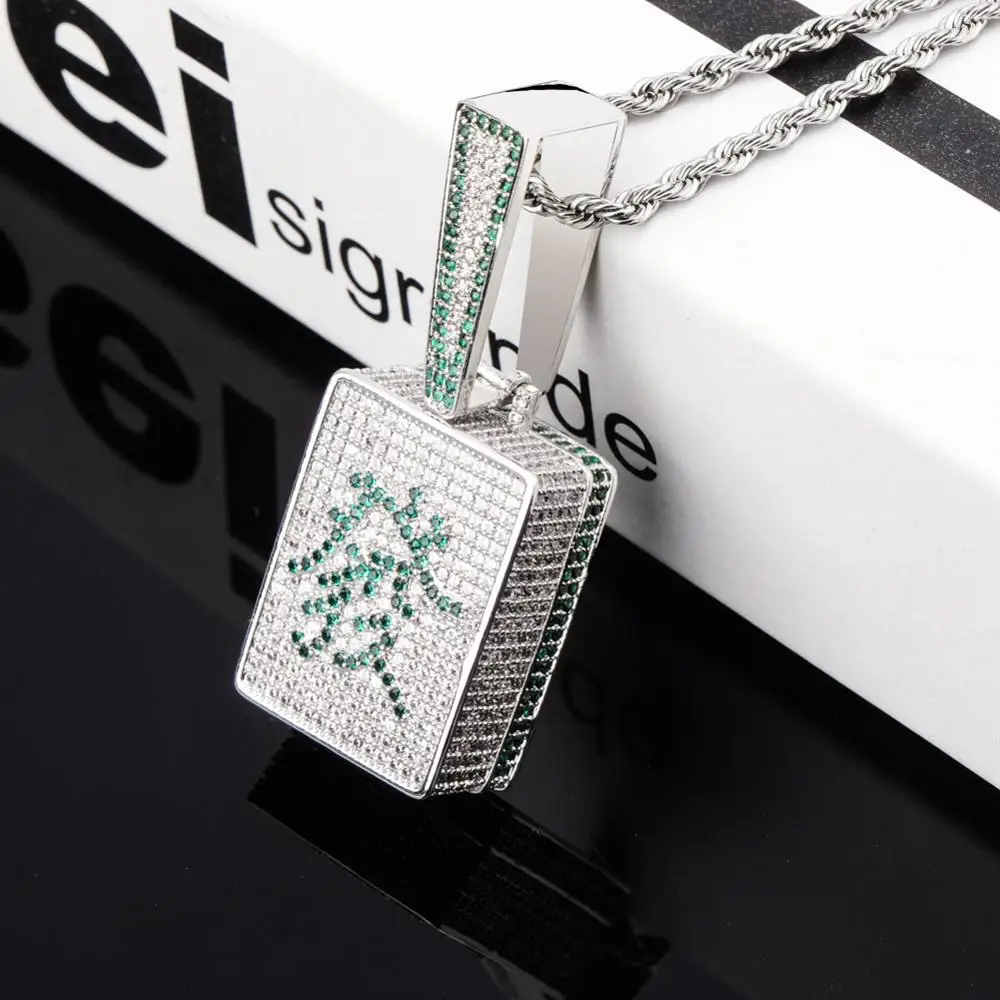 Bling Iced Out маджонг кулон зеленый дракон Китайский Персонаж Fa получить богатый хип