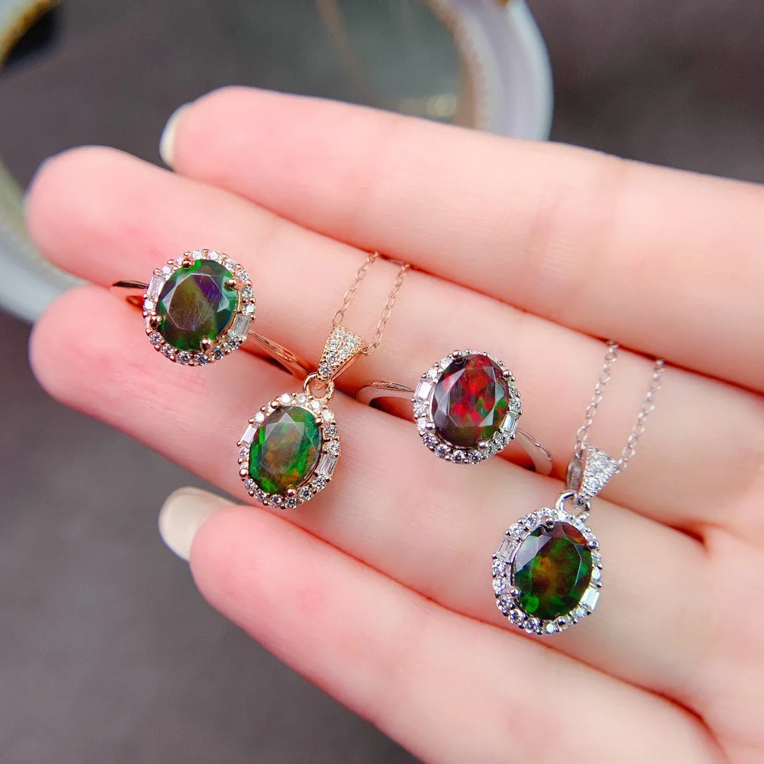 

Oval 6x8mm Ethiopia Pure Faceted Black Fire Opal Sets Ring Pendant Necklace 925 Sterling Silver Engagement Jewelry For Gift
