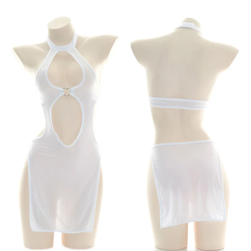 

Пикантный полупрозрачный Чонсам с открытой грудью ночная рубашка с сердечками для девочек прозрачная Пижама с высоким разрезом классическ...