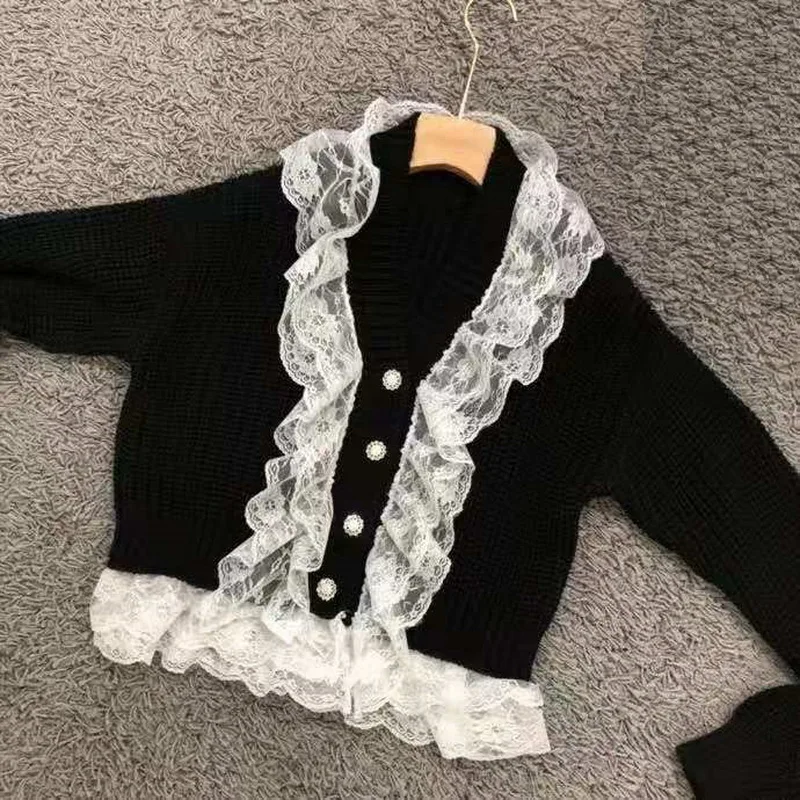 

High Quality Sweater Cardigans 2020 Autumn Winter Style Women V-Neck White Ruffle Lace Patchwork Long Sleeve Black Knitted Tops