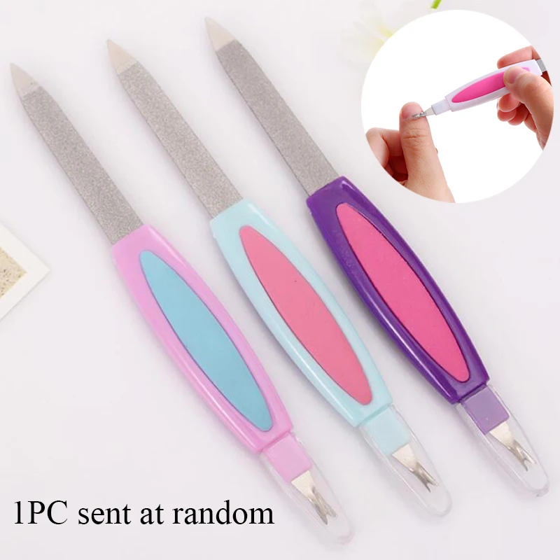 

2 in 1 Metal Nail Art File Double Head Cuticle Remover Manicure Trimmer Buffer Tool Professional Nail Clean Tool Random Color