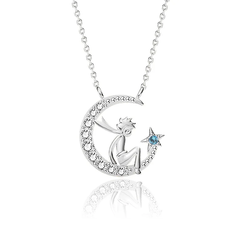 

S925 Sterling Silver Diamond Star Moon Necklace Female Ins Wind Creative New Anime Little Prince Clavicle Chain Jewelry