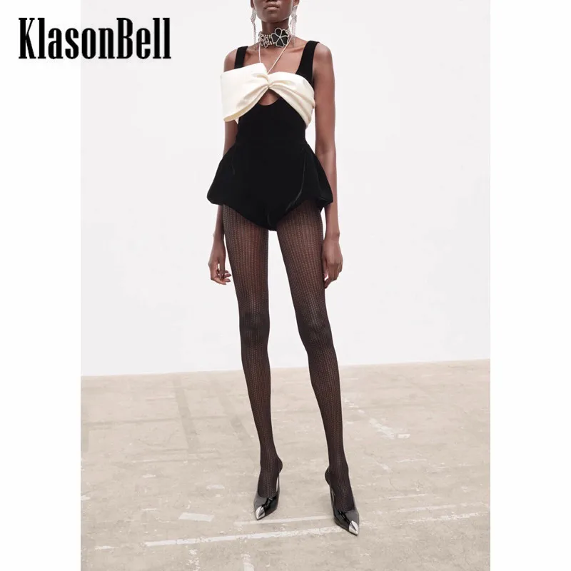 

12.24 KlasonBell Contrast Color Bowknot Slim Sexy High Waist Velvet Playsuit Women