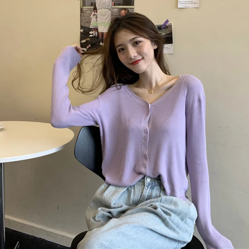 

Korean 7 Colors Cardigans Women Fashion Loose Thin Tops for Women Casual Long-sleeved Knitted Top Sweater 2021 Women Clothing