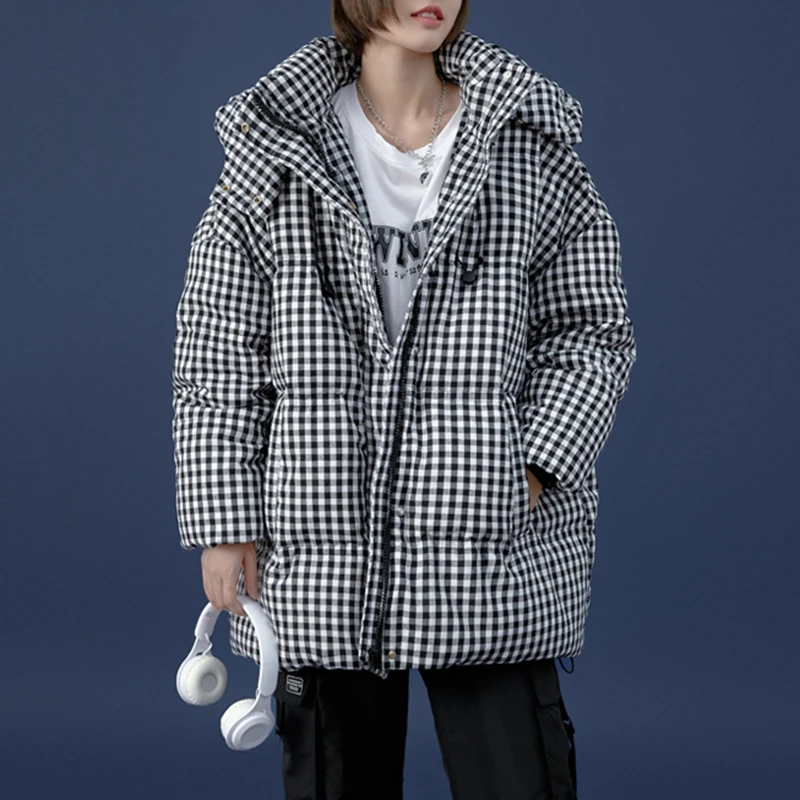

2021 Winter Oversized Plaid Down Jacket Women Hooded Cotton Coat Loose Casual Simple Thicken Coat Female Clothes Fashion Tops