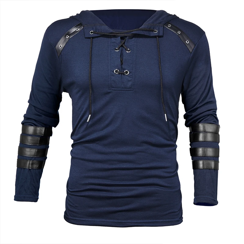 Толстовка мужская с капюшоном винтажная кофта из искусственной кожи на шнуровке