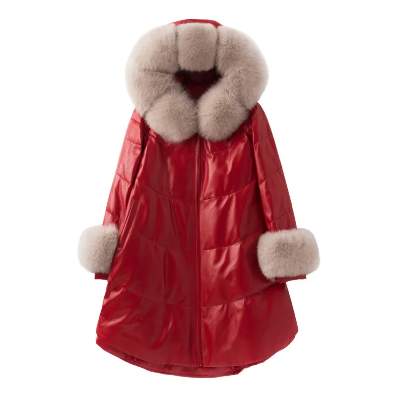 Женский пуховик из натуральной кожи с воротником меха лисы и овчины красный топ в