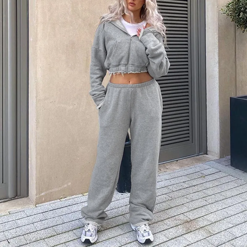 

Женский спортивный костюм с капюшоном, укороченный топ на молнии с длинным рукавом и брюки, Свободное пальто и широкие штаны, Женские повсед...