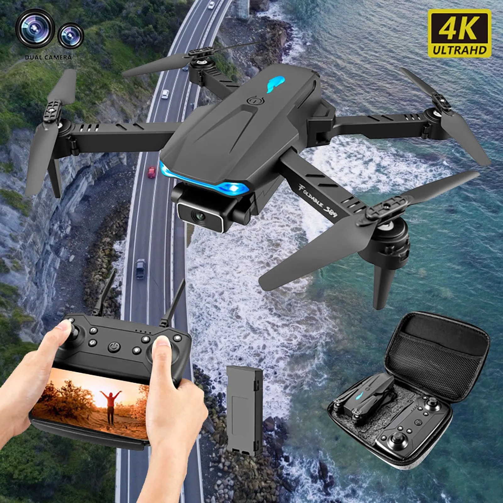Квадрокоптер Dualcamera S89 складной 4k Hd Wi Fi Fpv|Радиоуправляемые вертолеты| |