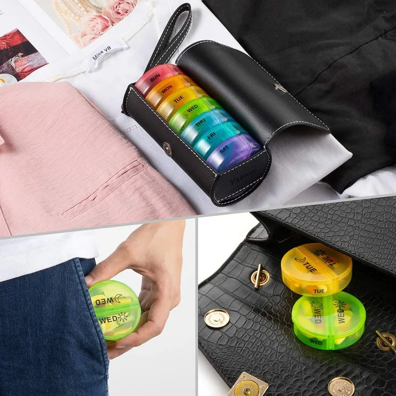 

PU Portable 7 Days Pill Box Travel Weekly Medicine Organizer Case Round Container Pill Sorting For Vitamin Fish Oil Supplement