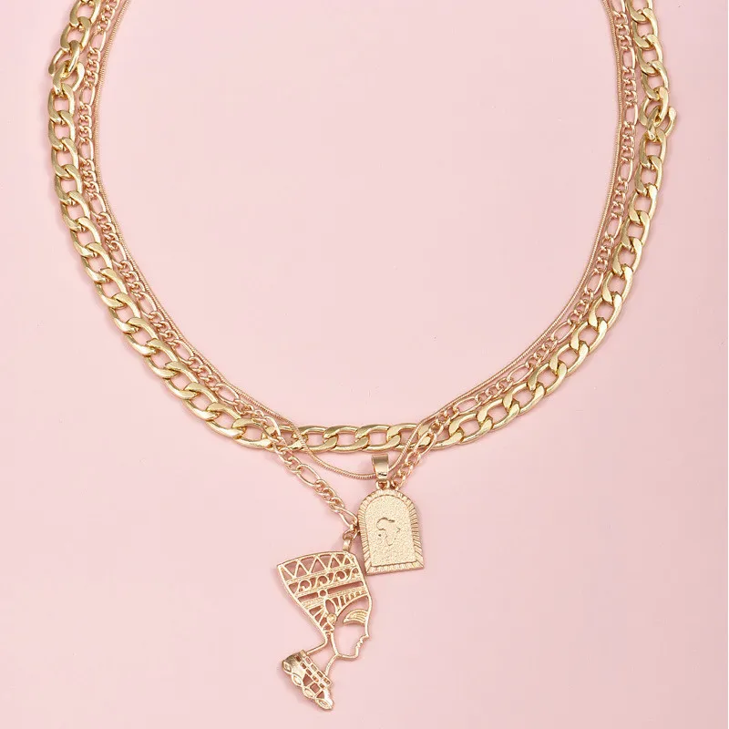 Trendy Punk Multilayer Pharaoh Portrait Coin Pendant Necklace Women Gold Color Figaro Chain Statement Fashion Jewelry | Украшения и