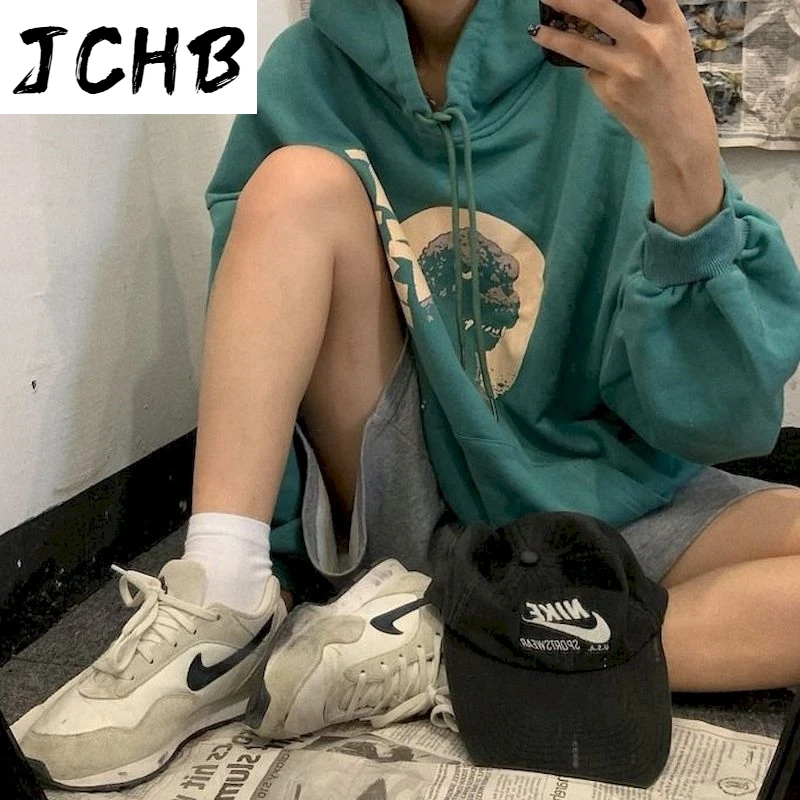 

2021 Womens Hoodies Pullover Woman Clothes Hoodies Plus Size Dinosaur Green Sweatershirts Hooded Tops Oversize Jacket Autumn Kaw