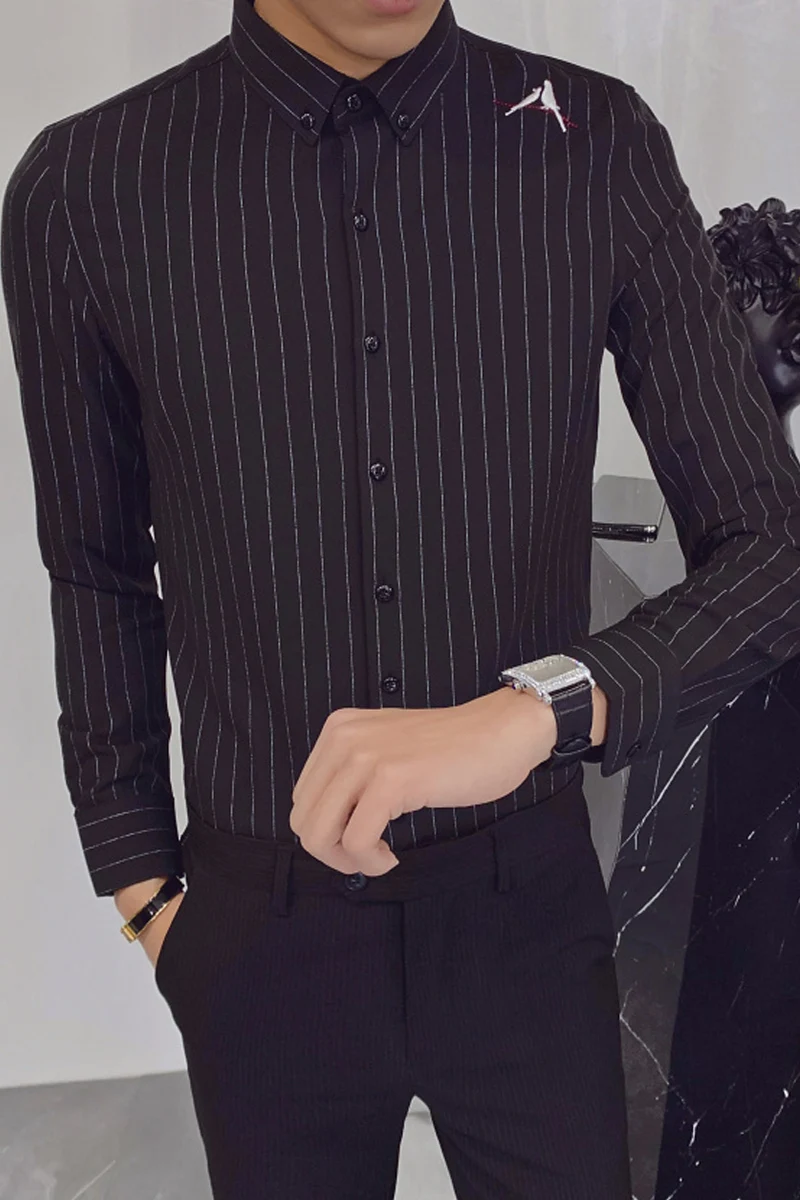 

Fashion Black Striped Shirt Men Camisa Masculina Casual Slim Fit Long Sleeve Streetwear Social Blouse Homme Brand Men Clohhes