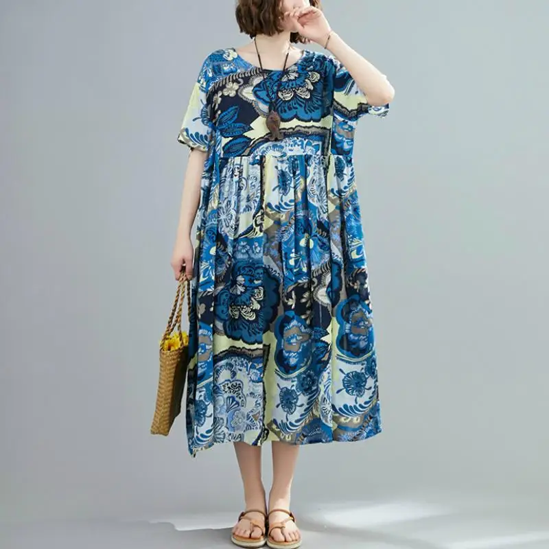 

Женские платья большого размера, новое модное летнее Хлопковое платье с цветочным принтом, повседневное длинное красное платье большого ра...