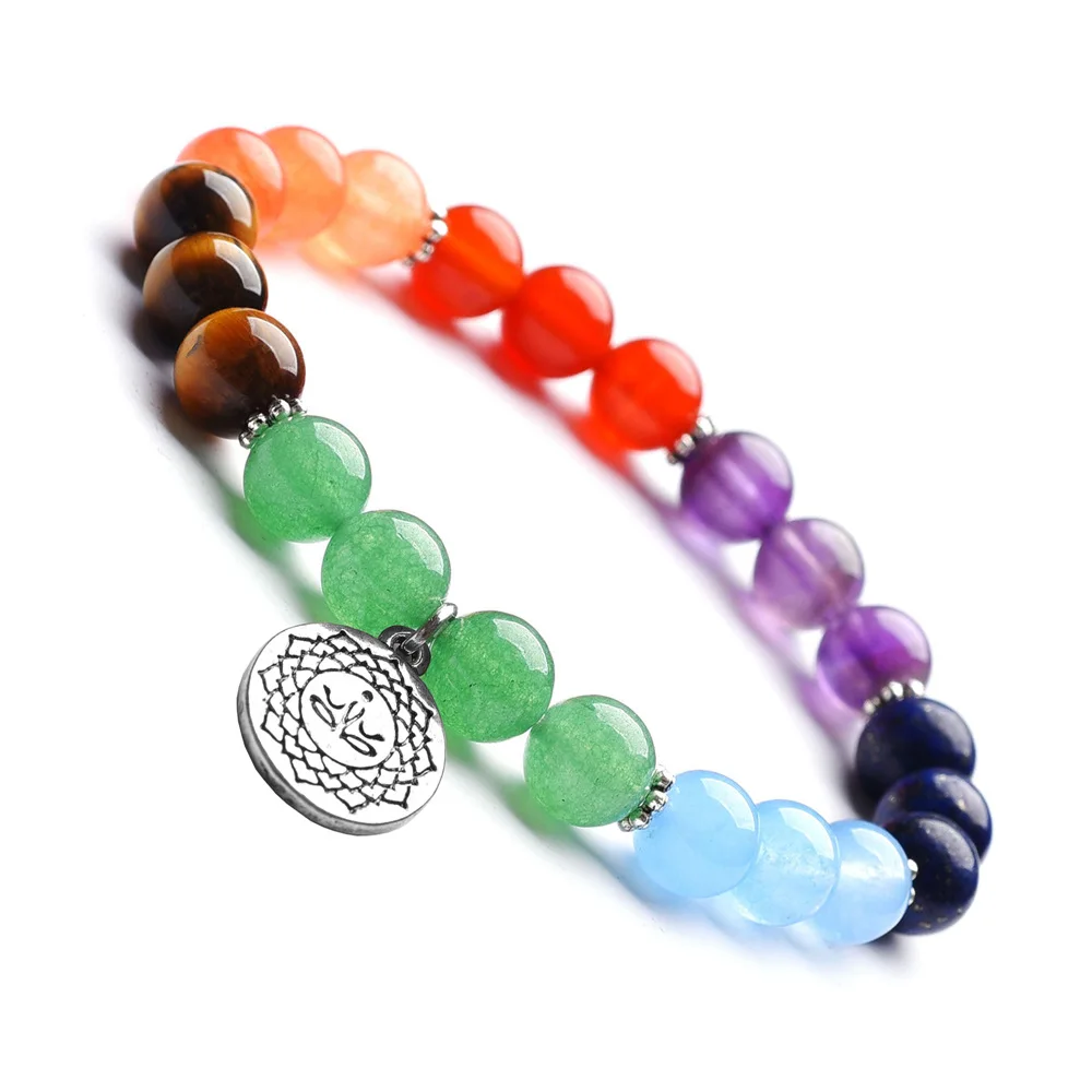 

2021 New Colorful Power Stone Yoga Seven Chakra Bracelet Natural Stone Buddhism Om Lotus Bracelet
