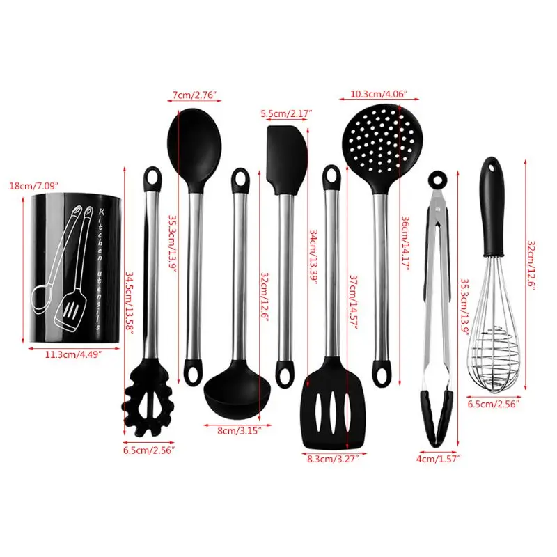 

9pcs Silicone Kitchen Utensils Set Stainless Steel Handle Spatula Spoon Egg Beater Cooking Tools