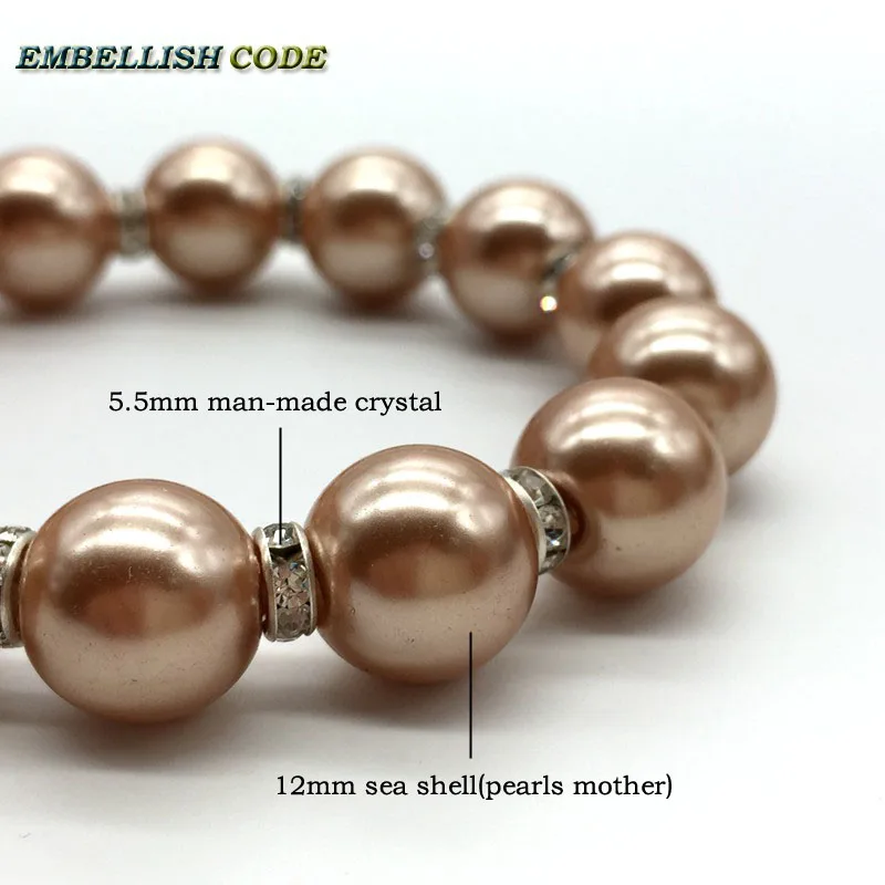 Elastic bracelet sea shell mother pearl Champagne color Luxury gold perfect round 12mm with 5.5mm Crystal Attractive fashion | Украшения и