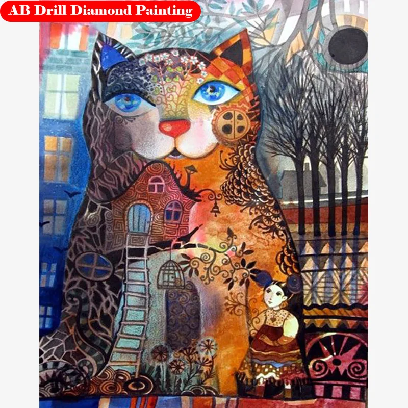 

Алмазная вышивка AB 5D с кошкой, полноразмерная/круглая алмазная живопись «сделай сам», набор цветов животных, абстрактная мозаика, украшение...