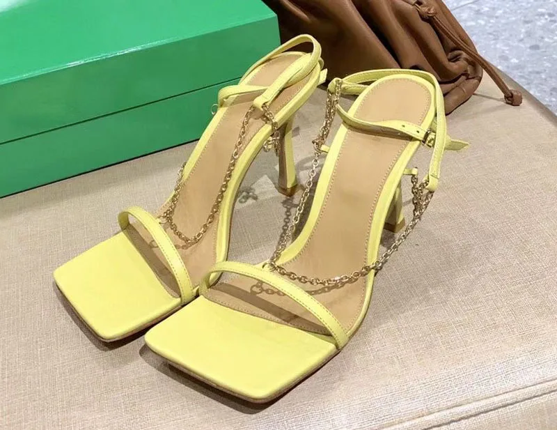 

Prowow Gold Chain Strap Leather Sandals Women High Heel Dress Shoes For Summer New Designer Light Green Sandalias de las mujeres