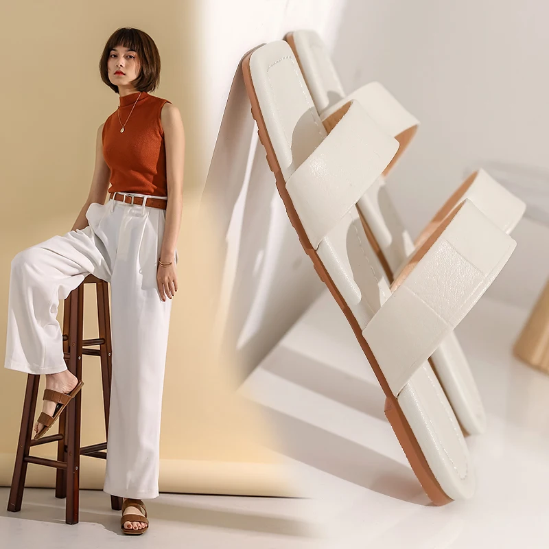 

Flat slippers Casual Shoes Woman cross strap Slippers 2021 Summer flat girl's shoes genuine leather Shallow Slip On Women