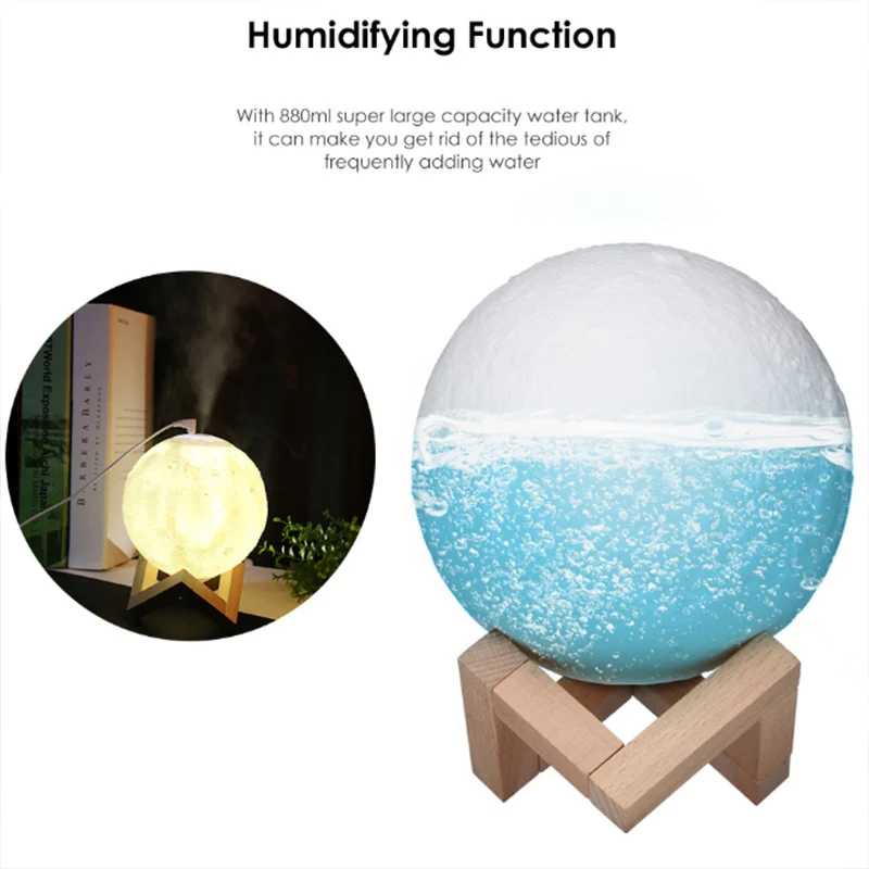 

880ML Ultrasonic Moon Air Humidifier Aroma Essential Oil Diffuser LED Night Lamp USB Mist Maker Humidificador Christmas Gift