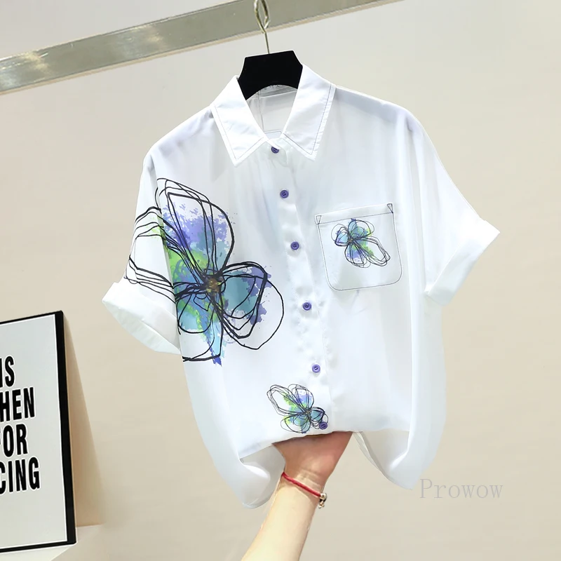 

Women Lapel Short Sleeve White Shirt 2021 Plus Size Summer Tops Lazy Wind Loose Print Chiffon Button Up Shirt Camisas Para Mujer