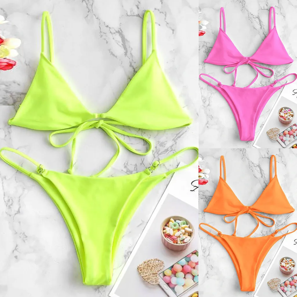 Женский купальник модный хит лето 2020 женский бикини однотонный комплект два