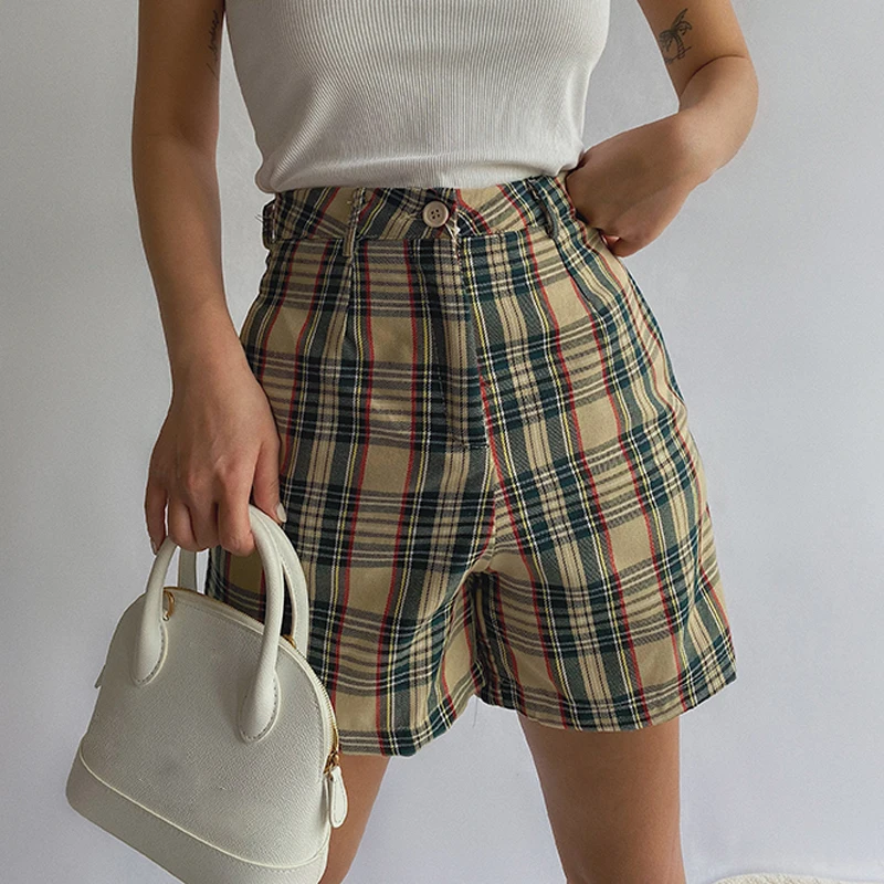 

2021Woman Harajuku Plaid Graphic High Waist Suit Short Black Pink Biker Sports Cycling Wide Leg Pants Summer Streetwear Bottoms