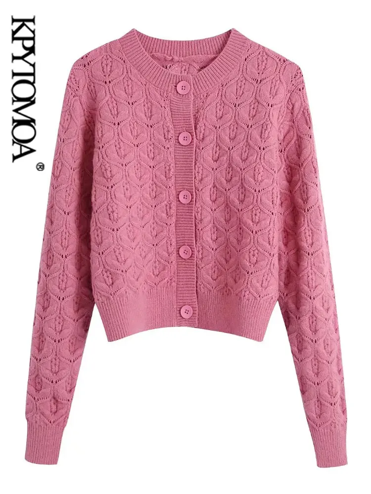 

KPYTOMOA Women Sweet Fashion Loose Knit Crop Cardigan Sweater Vintage Long Sleeve Button-up Female Outerwear Chic Tops