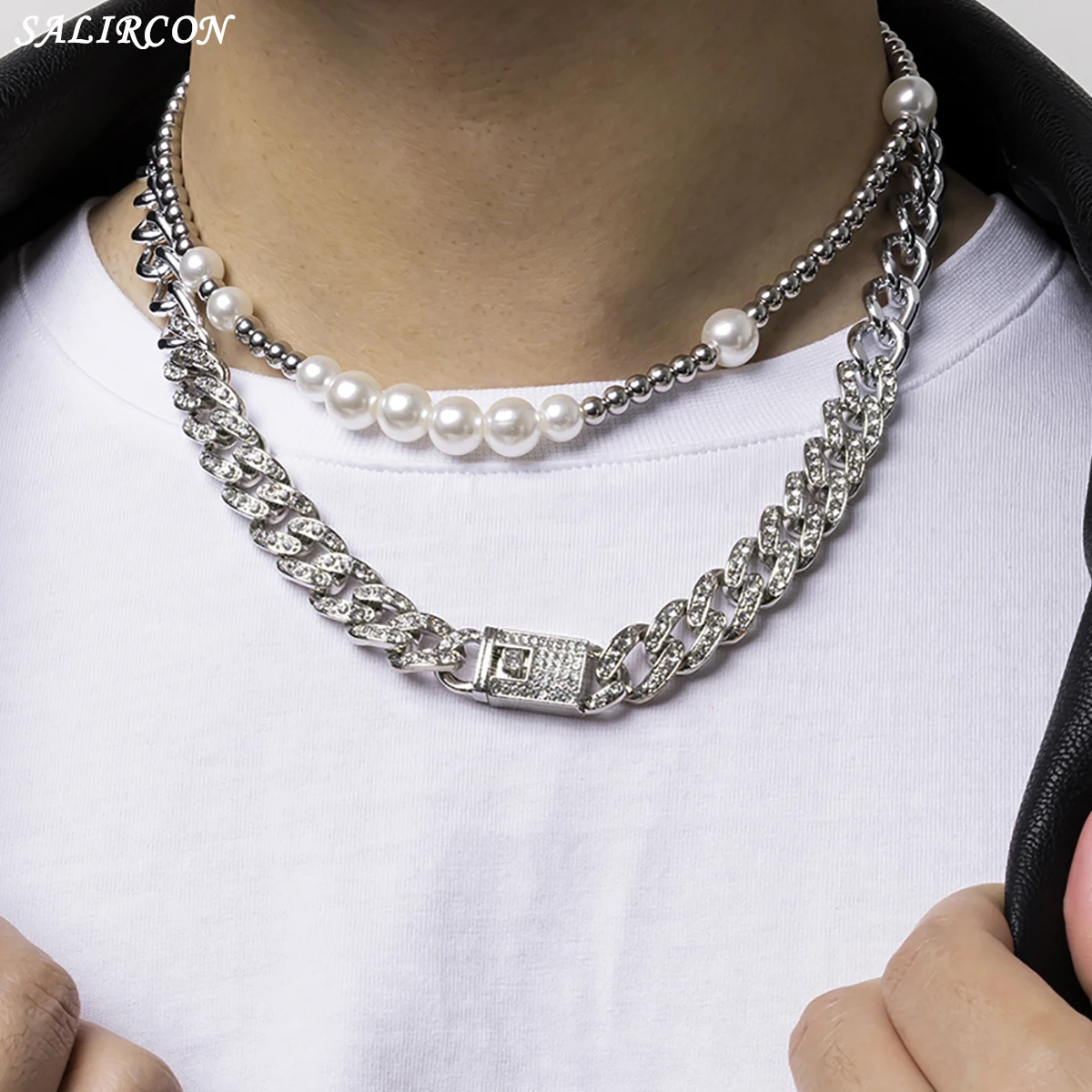 

Kpop Luxury Crystal Cuban Chain Choker Necklace for Women Men Fashion Imitation Pearl Beads Necklace Steampunk Jewerly Gift 2021