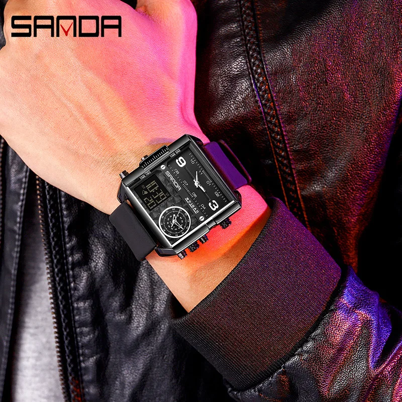 Мужские часы 2021 креативные светодиодные с 3 дисплеями времени спортивные