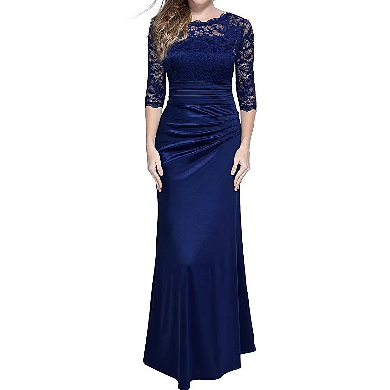 

Women's Retro Floral Lace Vintage Mother Of The Bridal Dress 2/3 Sleeve Slim Ruched Wedding Guest Maxi Dress YSAN312