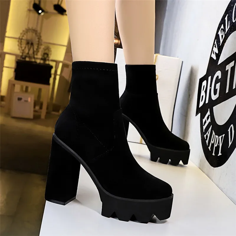 

ASUMER 2020 new fashion ankle boots women flock round toe high heels platform boots slip on slim party prom shoes ladies