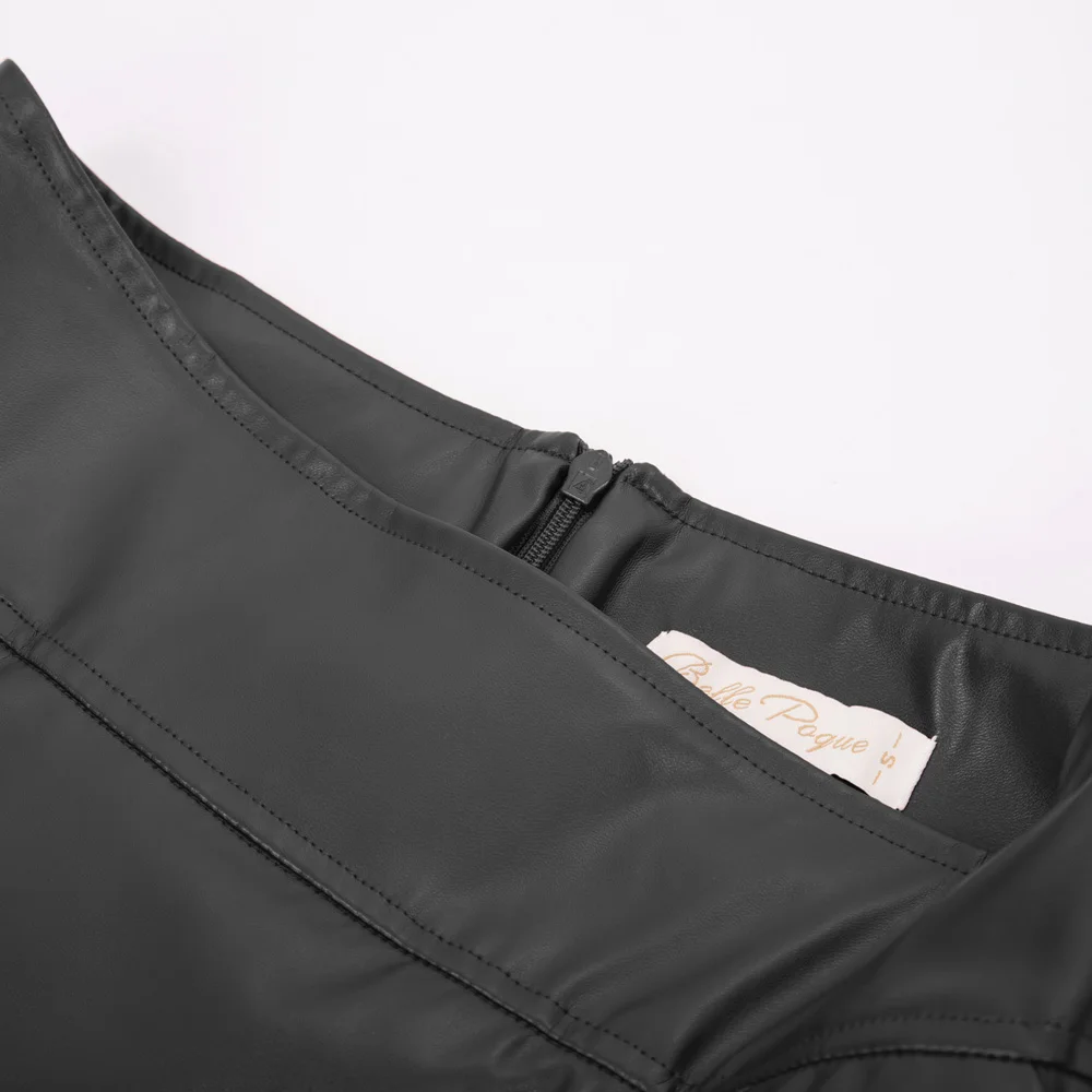 Belle Poque Высокая талия кожаная женская юбка в складки элегантные офисные миди юбки женские эластичные трапециевидные женские юбки