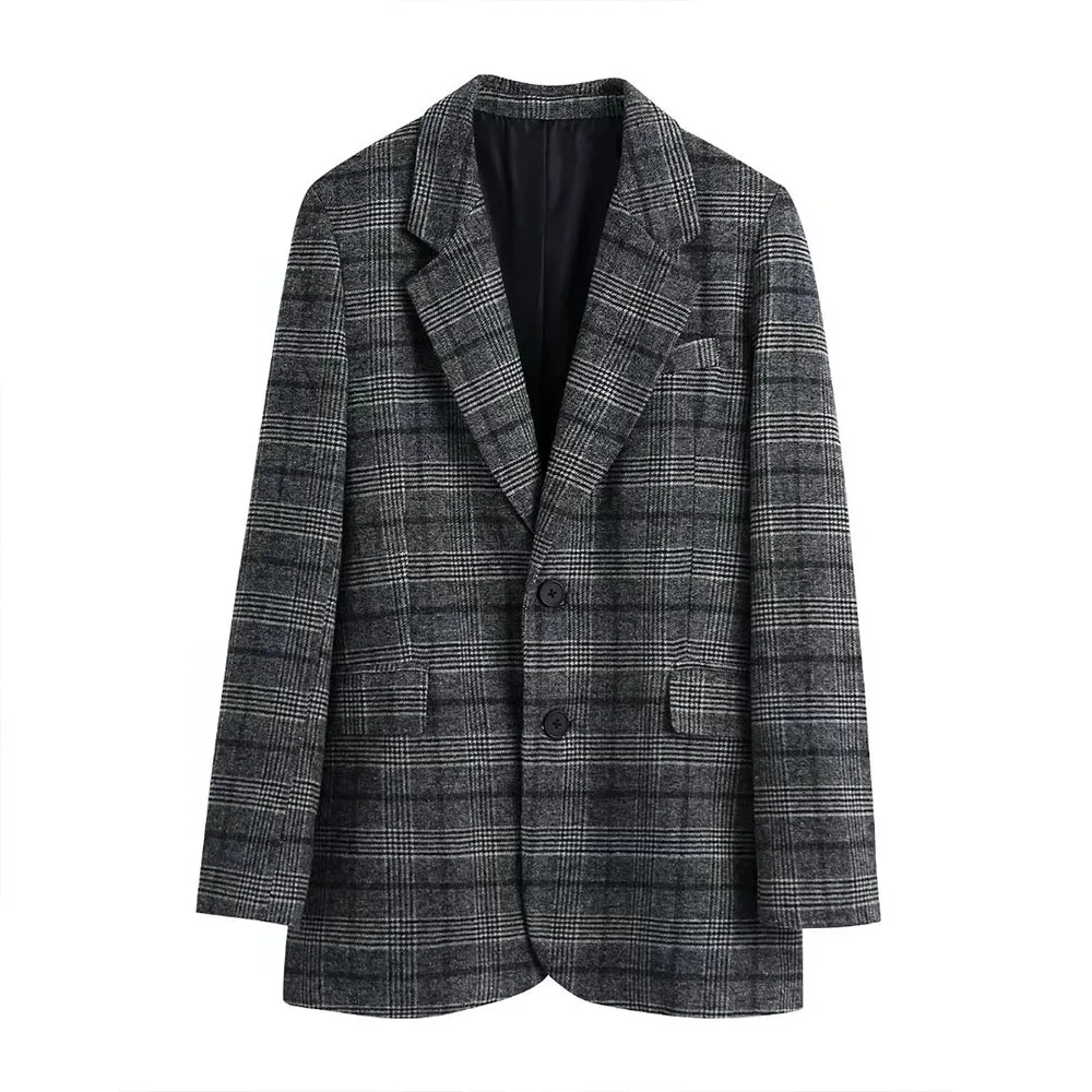 

Женский прямой блейзер в клетку Za, винтажный жакет с длинным рукавом и разрезом сзади, элегантная верхняя одежда, осень 2021
