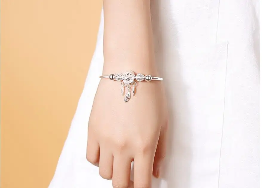 925 Sterling Silver Dreamcatcher Tassel Feather Charm Bracelet &ampBangle For Women Fashion Elegant Jewelry Accessories sl209 | Украшения и