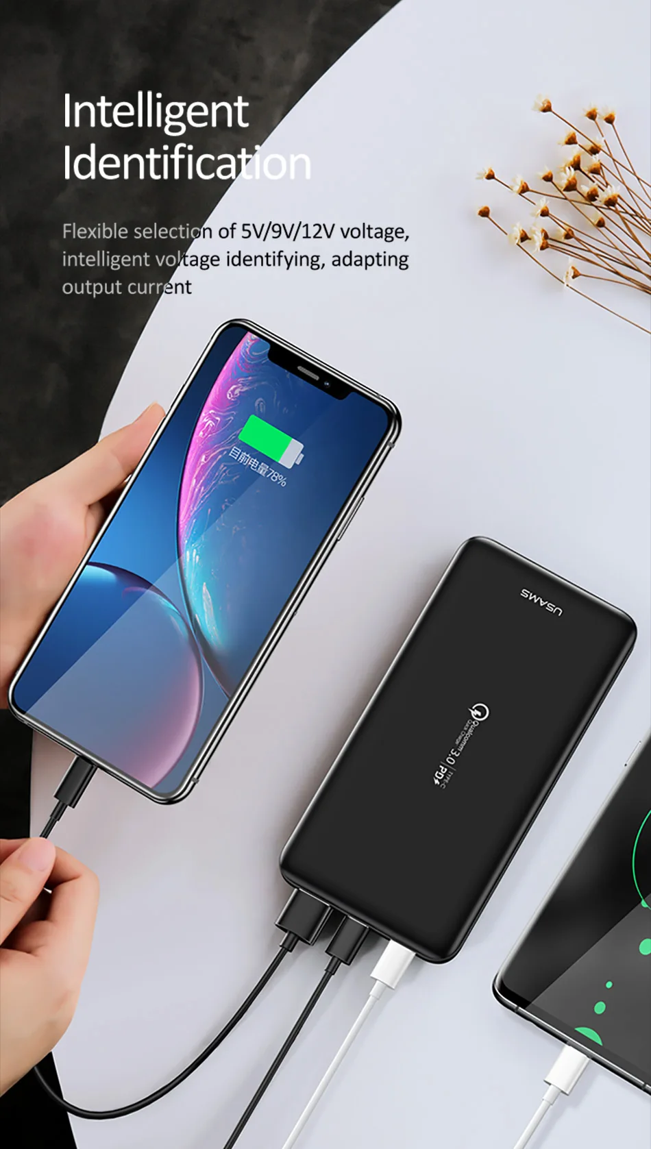 Quick charge power Bank, USAMS 10000 мАч PD Быстрая зарядка power Bank QC 3,0 power Bank type C USB зарядное устройство для iPhone Xiaomi 9 samsung