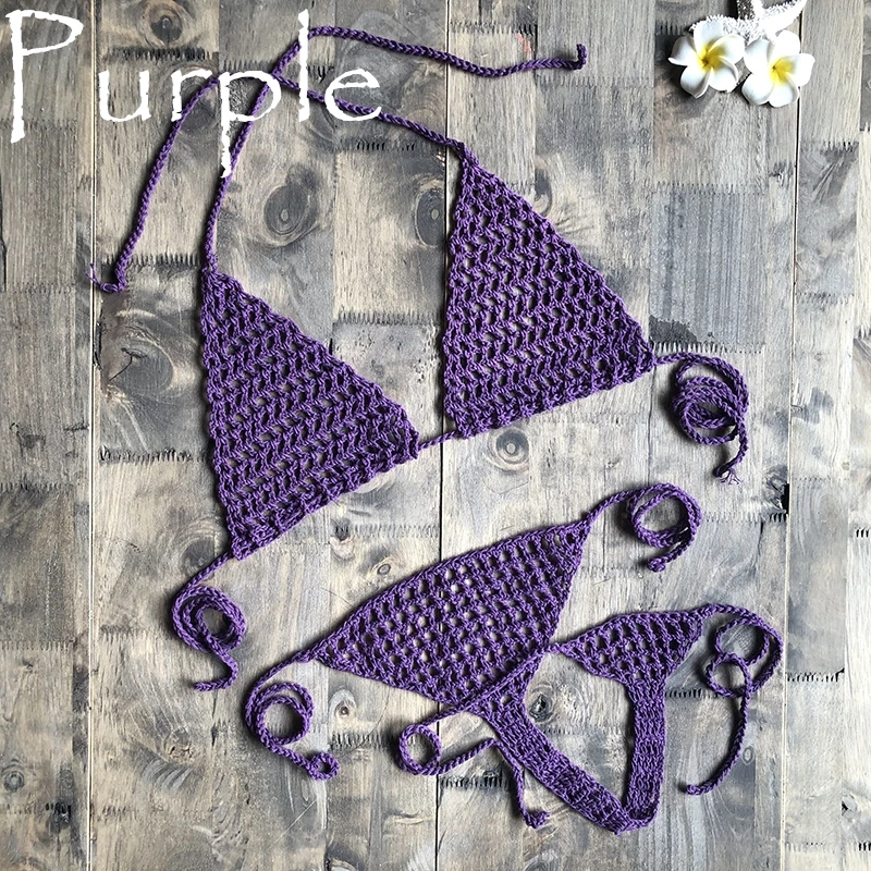 Purple Новинка, ручная работа, вязанное крючком микро бикини, стринги, пляжные микро купальники, сексуальное нижнее белье, наборы, горячая распродажа - Цвет: Purple