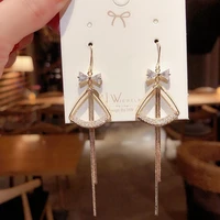 kpop tassel long zircon bow drop earrings for women gold color rhinestones sweet fashion luxury jewelry girl gift trend new 2020
