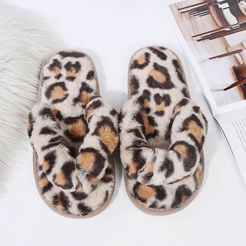 Warm Furry Slippers Women Cozy Faux Fur Indoor Home Slides Leopard Soft Fluffy Shoes Ladies Celebrities Flip Flops Female Shoes