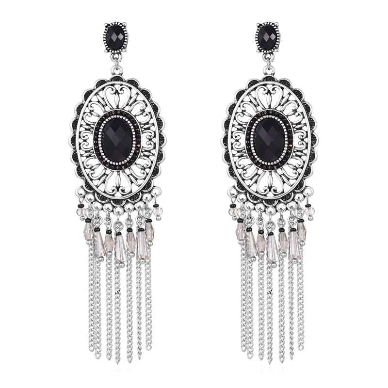 E1-37058silver black Shineland дешевые оптовые цены богемные желтый фиолетовый синий кристалл цветок висячие серьги женские этнические Boho ювелирные изделия подарок - Окраска металла: E1-37058silver black