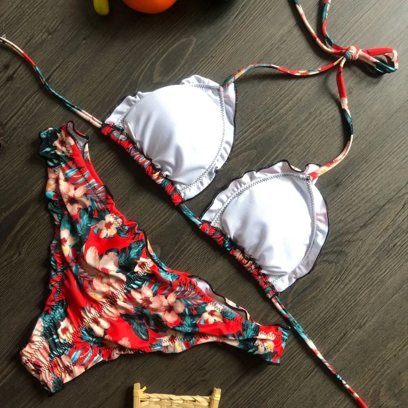 

2021 New Strap Floral Swimsuit Female Split Sexy Women Bra and Panty Viquinis Mujer 2 Piece Bikini Set