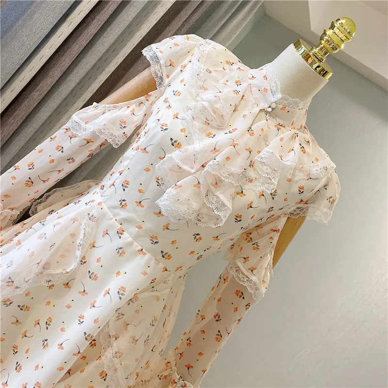 

Korea New Fashion 2021 Women Summer Chiffon Flare Long Sleeve Floral Print Spliced Lace Ruffles Holiday Mini Dress