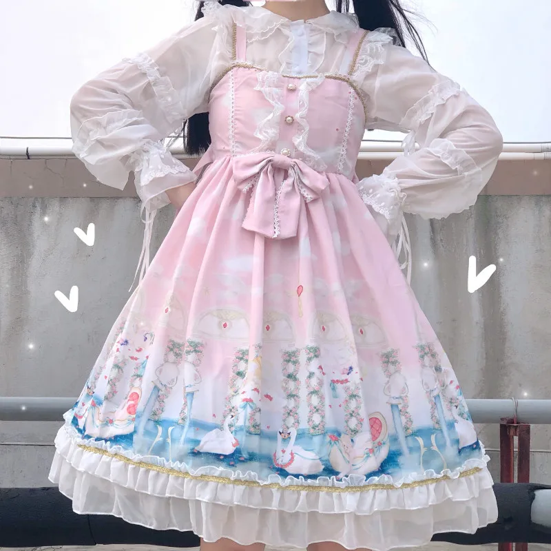 

Japanese Sweety Lolita Style Girly JSK Dress Square Collar Lace Bow Ruffles Sleeveless Kawaii Cartoon Printing Camisole Dresses