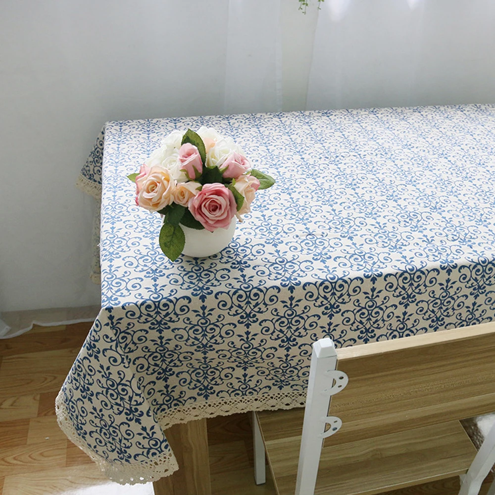 Ретро льняная хлопковая скатерть синий и белый фарфор столовая прямоугольная с